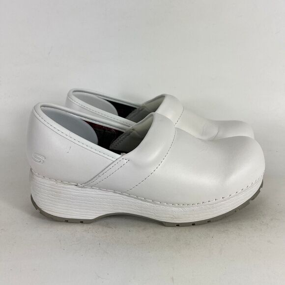 Skechers Work Clogs Candaba Women 8.5 White Leather Slip-Resistant Comfort 77227 - Picture 2 of 10